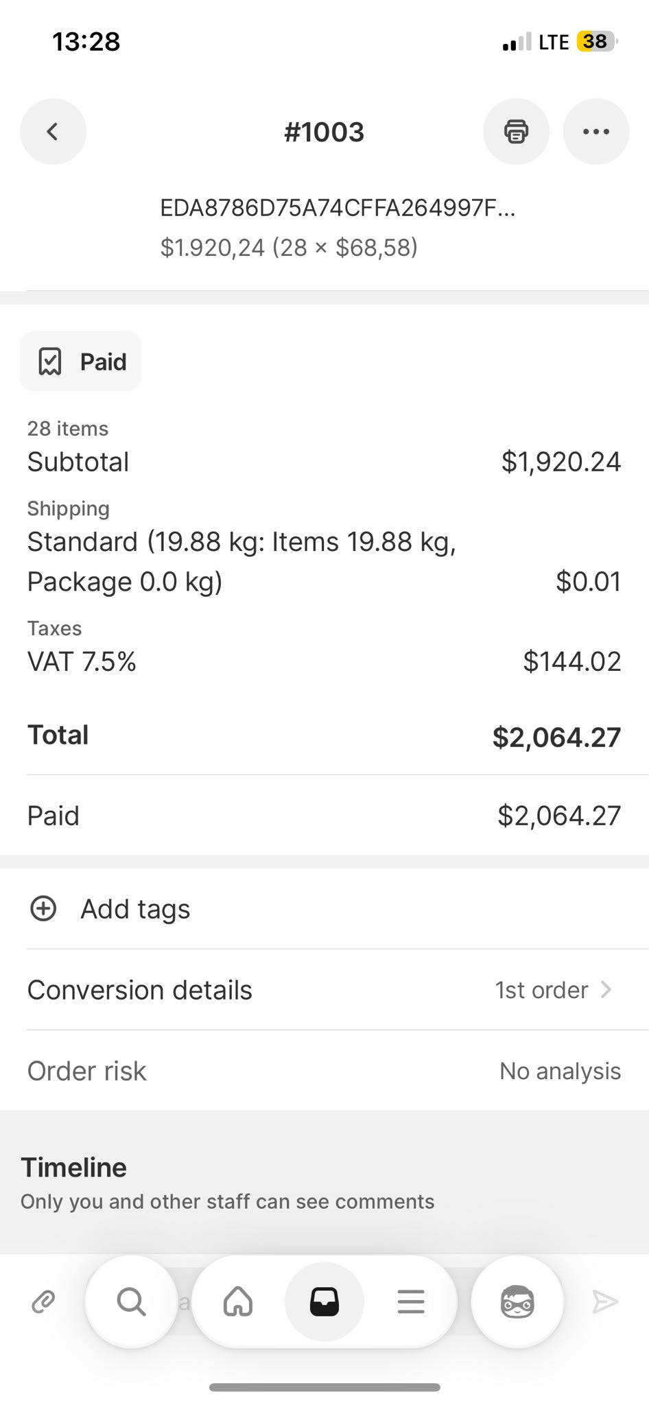 Shopify order worth $2,064 containing 28 items