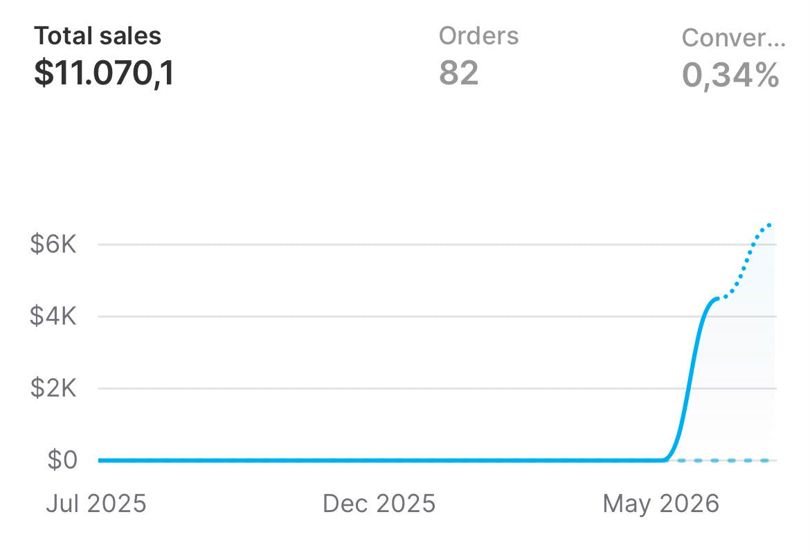 Shopify dashboard showing $11,070 lifetime revenue and 82 orders